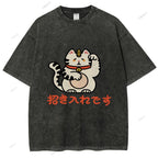 Unisex Japanese Fortune Cat Printed Washed Tee