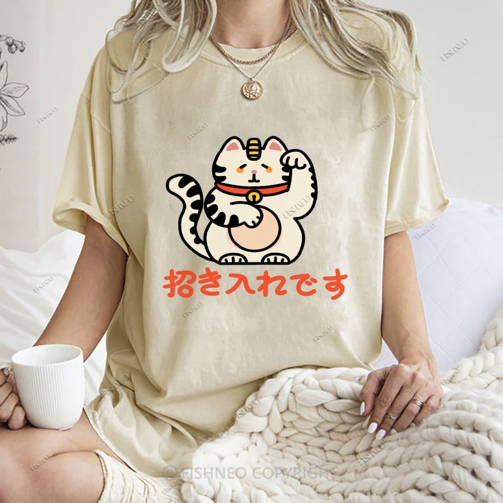 Unisex Japanese Fortune Cat Printed Washed Tee