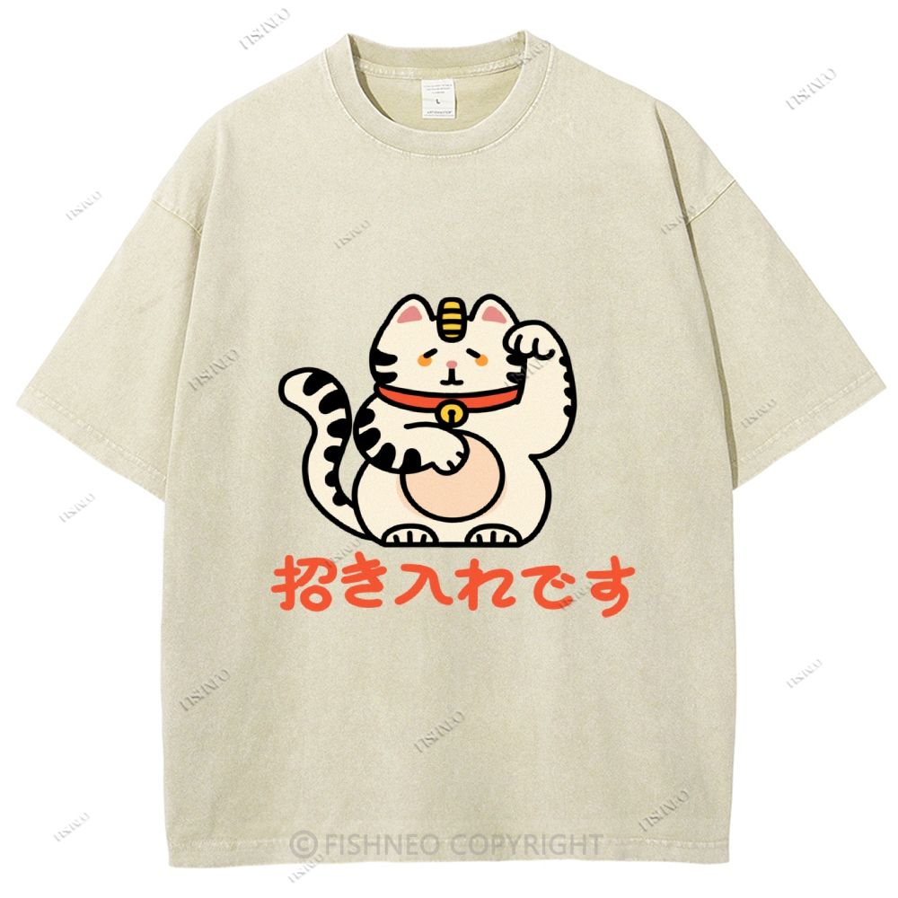 Unisex Japanese Fortune Cat Printed Washed Tee