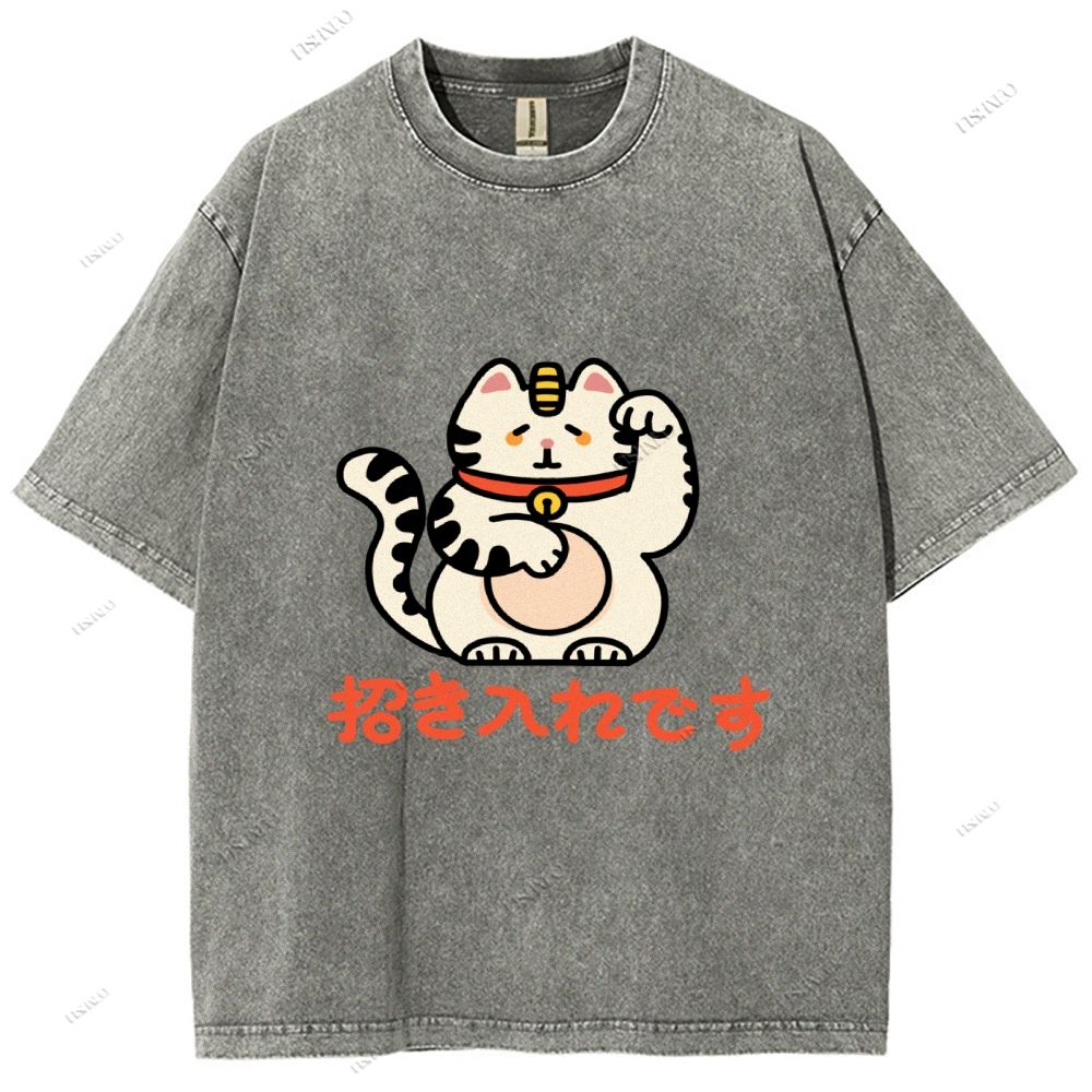 Unisex Japanese Fortune Cat Printed Washed Tee