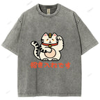 Unisex Japanese Fortune Cat Printed Washed Tee