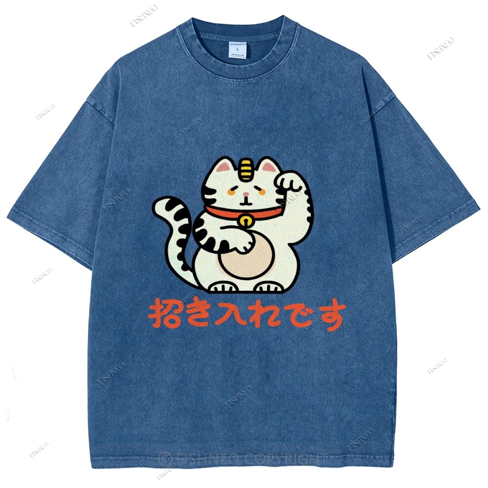 Unisex Japanese Fortune Cat Printed Washed Tee