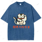 Unisex Japanese Fortune Cat Printed Washed Tee