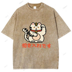 Unisex Japanese Fortune Cat Printed Washed Tee