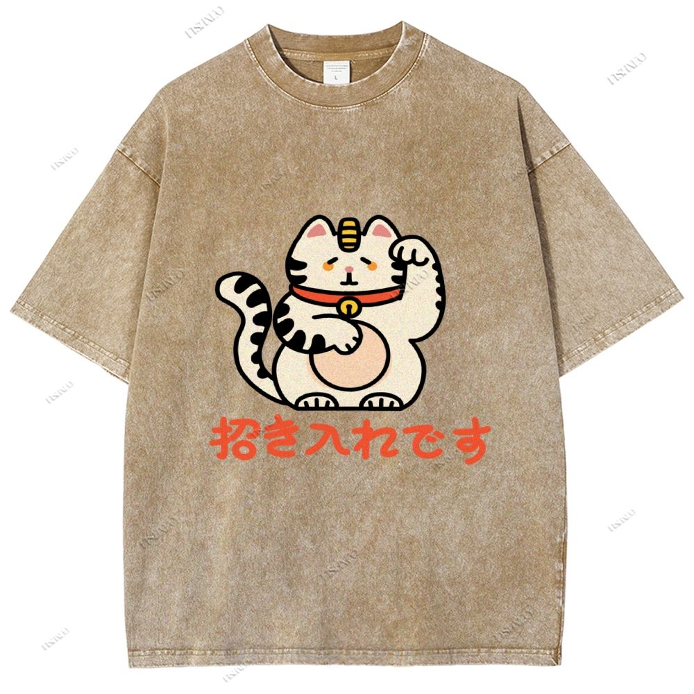 Unisex Japanese Fortune Cat Printed Washed Tee