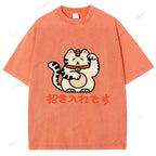 Unisex Japanese Fortune Cat Printed Washed Tee