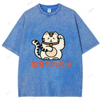 Unisex Japanese Fortune Cat Printed Washed Tee