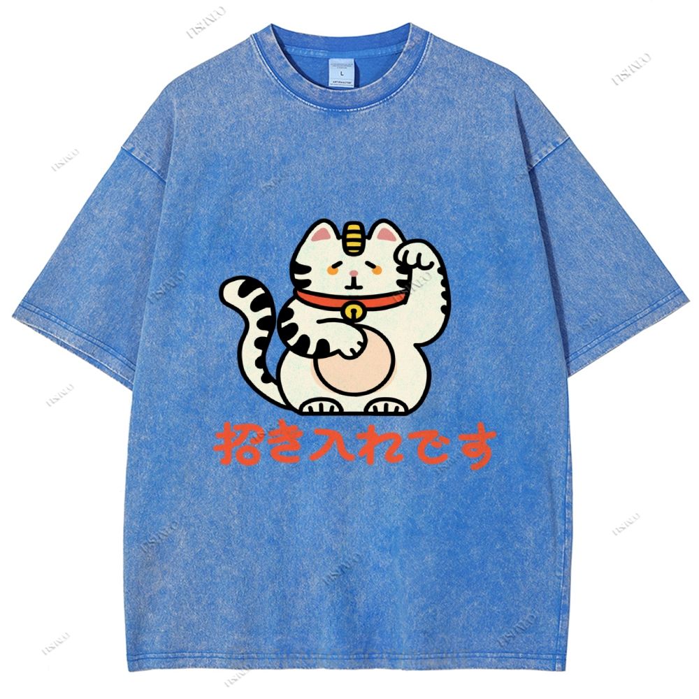 Unisex Japanese Fortune Cat Printed Washed Tee