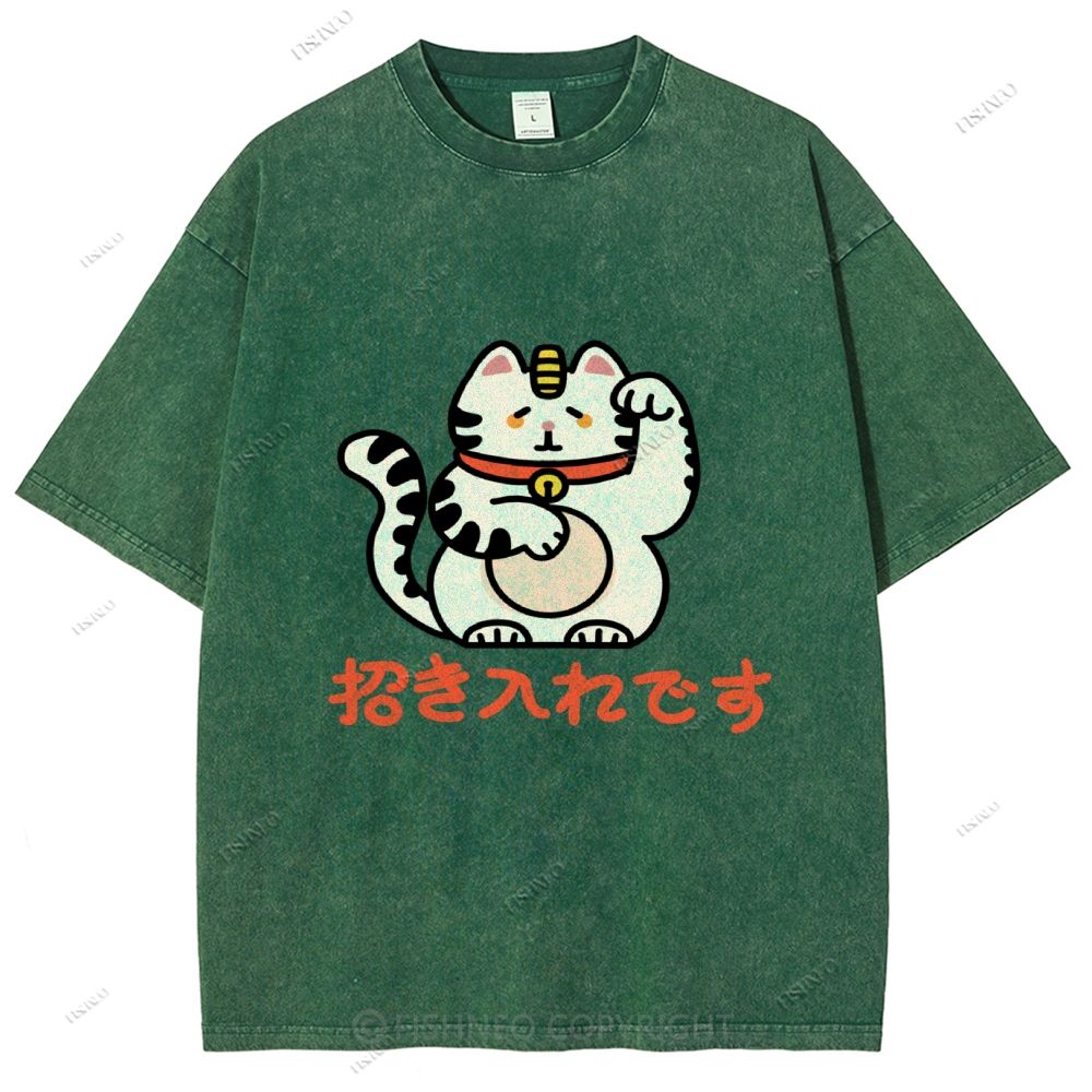 Unisex Japanese Fortune Cat Printed Washed Tee
