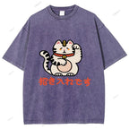 Unisex Japanese Fortune Cat Printed Washed Tee