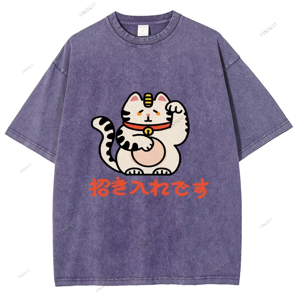 Unisex Japanese Fortune Cat Printed Washed Tee