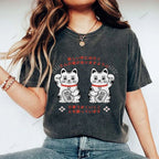 Unisex Japanese Fortune Cat Printed Washed Tee