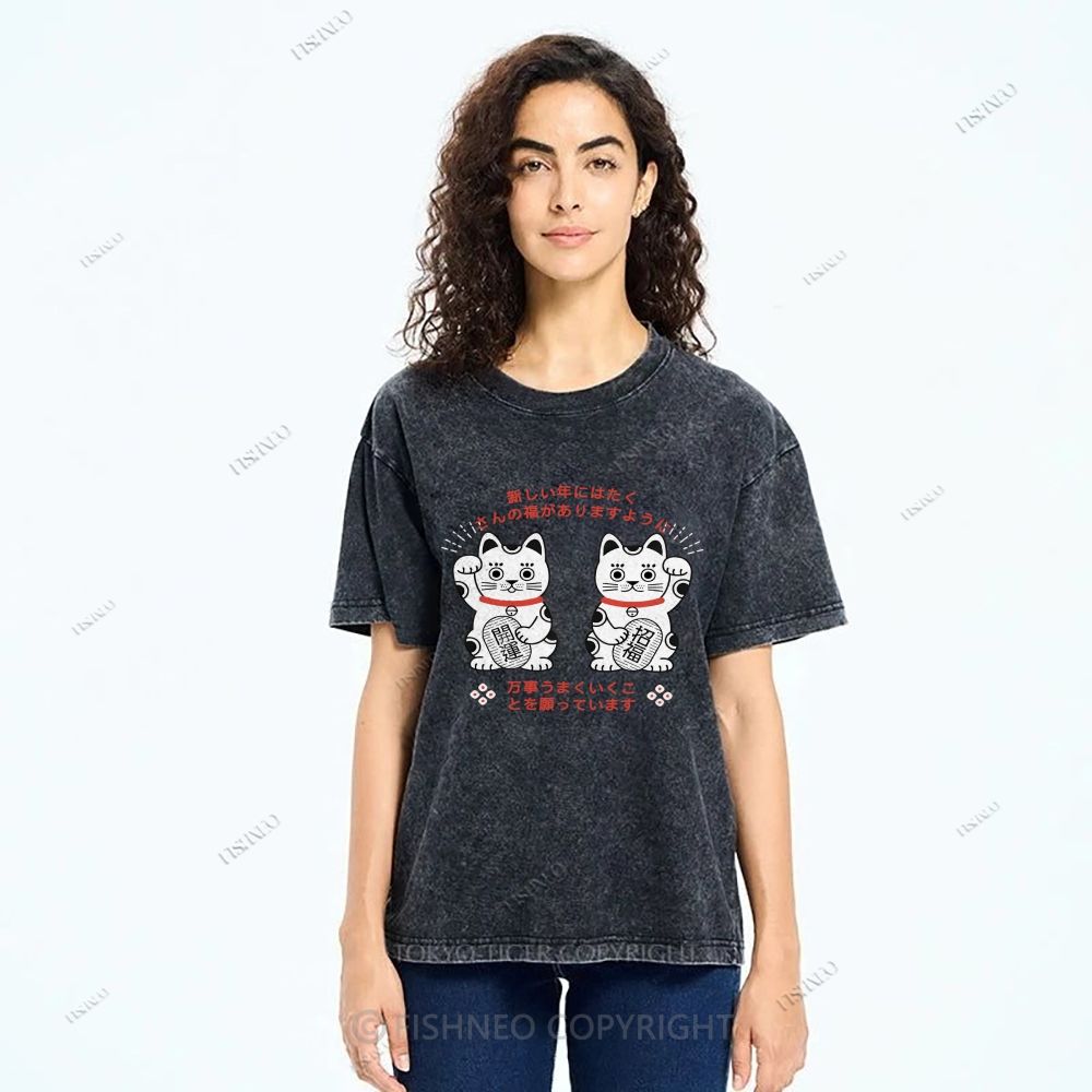 Unisex Japanese Fortune Cat Printed Washed Tee