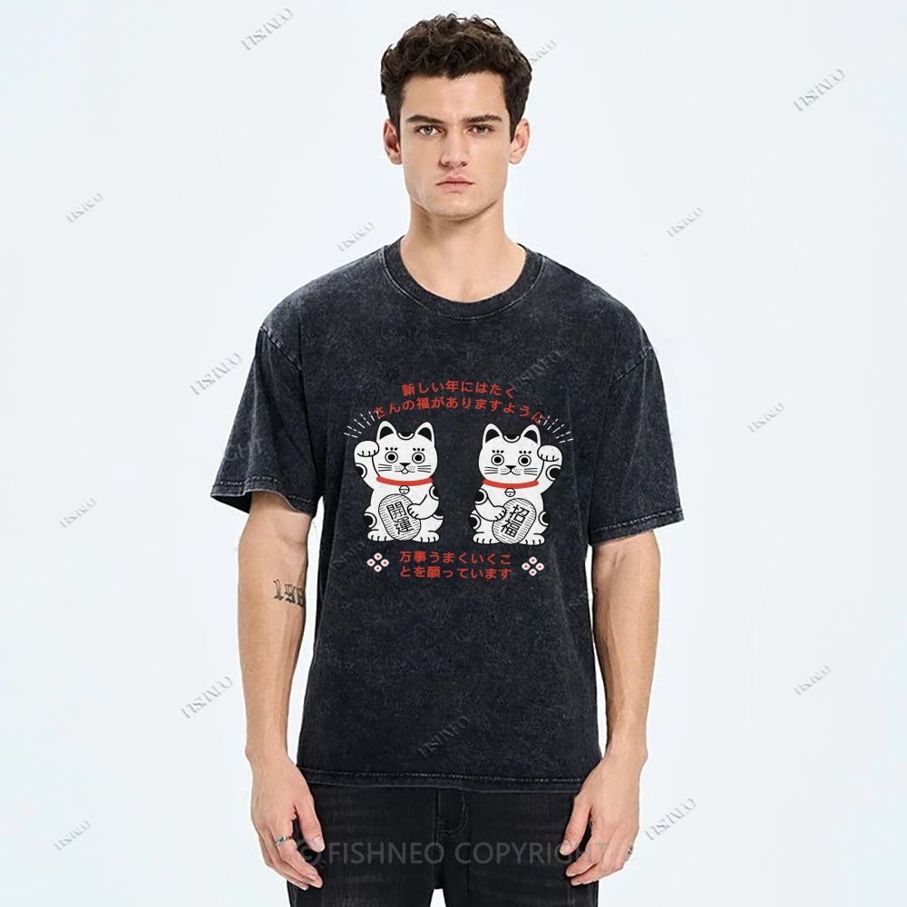 Unisex Japanese Fortune Cat Printed Washed Tee