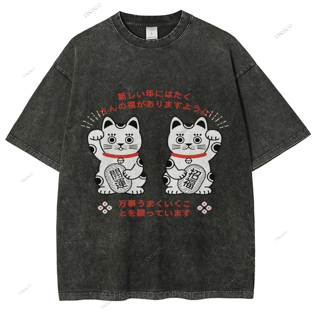 Unisex Japanese Fortune Cat Printed Washed Tee