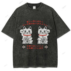Unisex Japanese Fortune Cat Printed Washed Tee