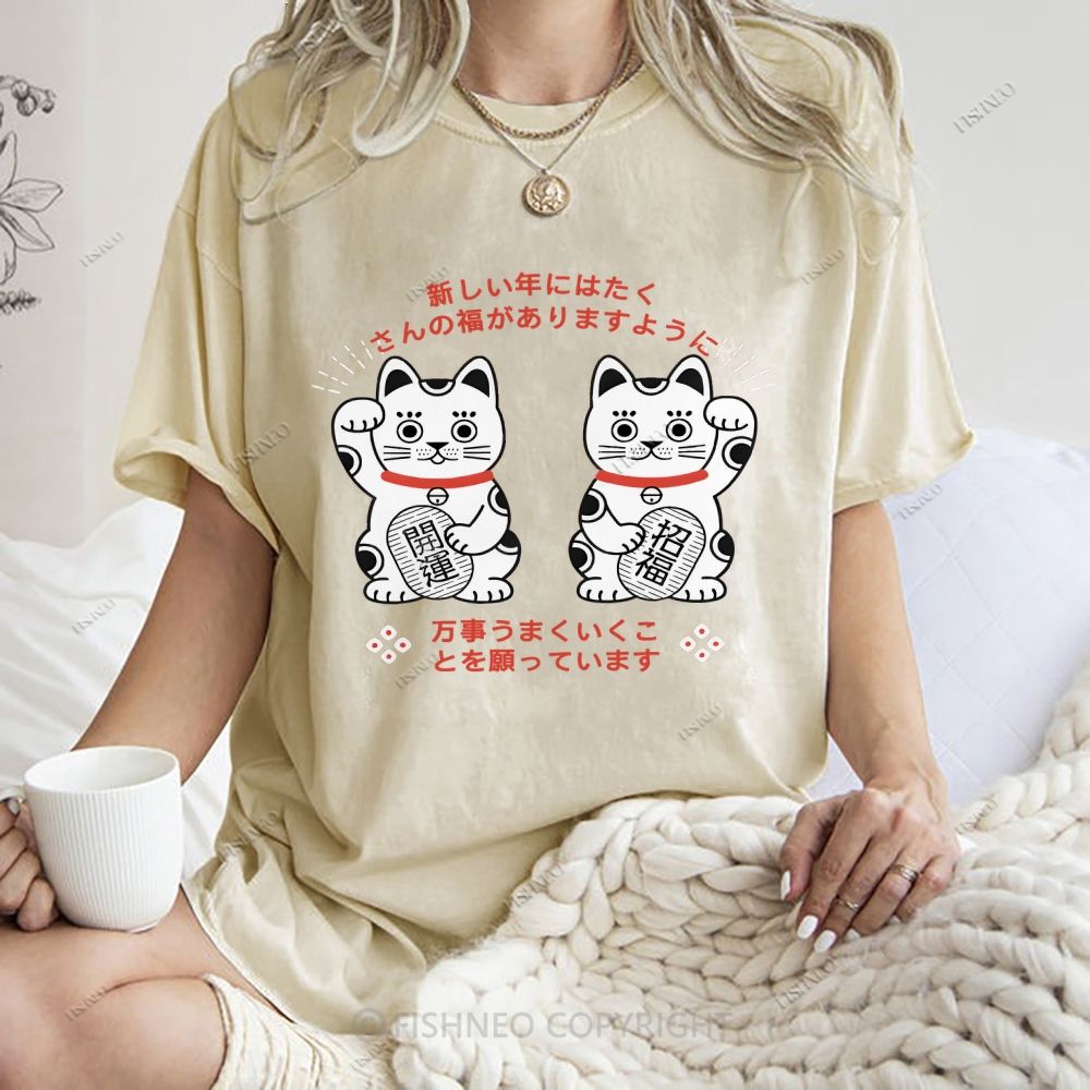 Unisex Japanese Fortune Cat Printed Washed Tee