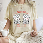 Unisex Japanese Fortune Cat Printed Washed Tee