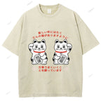 Unisex Japanese Fortune Cat Printed Washed Tee