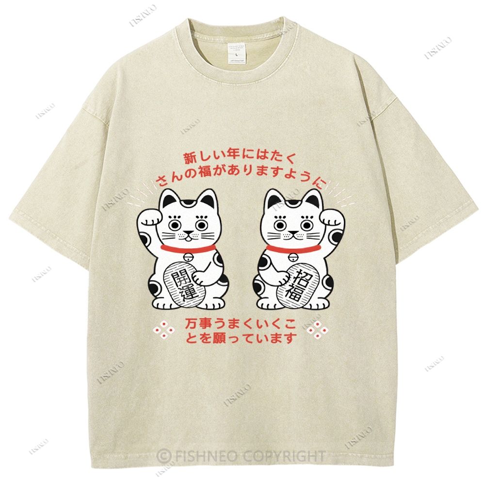 Unisex Japanese Fortune Cat Printed Washed Tee