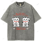 Unisex Japanese Fortune Cat Printed Washed Tee