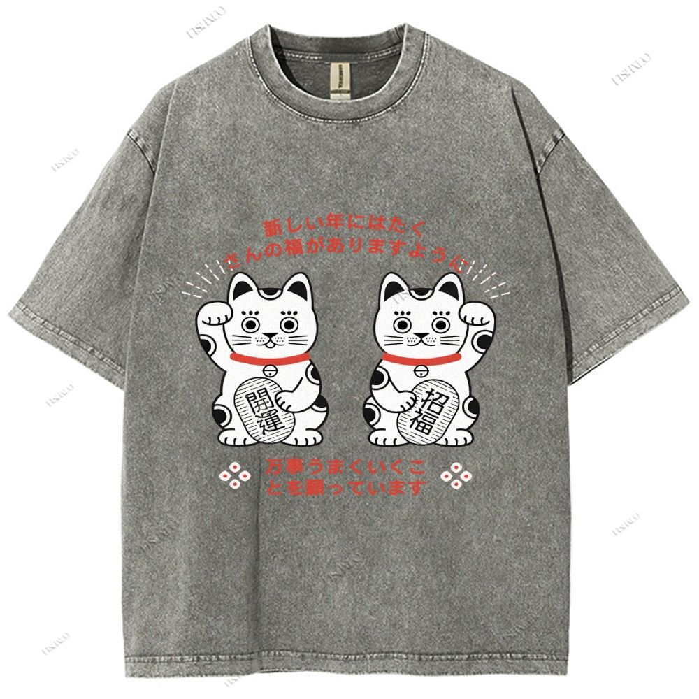 Unisex Japanese Fortune Cat Printed Washed Tee