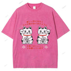 Unisex Japanese Fortune Cat Printed Washed Tee