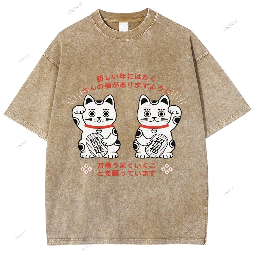 Unisex Japanese Fortune Cat Printed Washed Tee