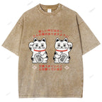 Unisex Japanese Fortune Cat Printed Washed Tee