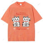 Unisex Japanese Fortune Cat Printed Washed Tee