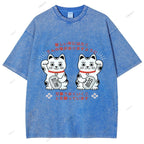 Unisex Japanese Fortune Cat Printed Washed Tee