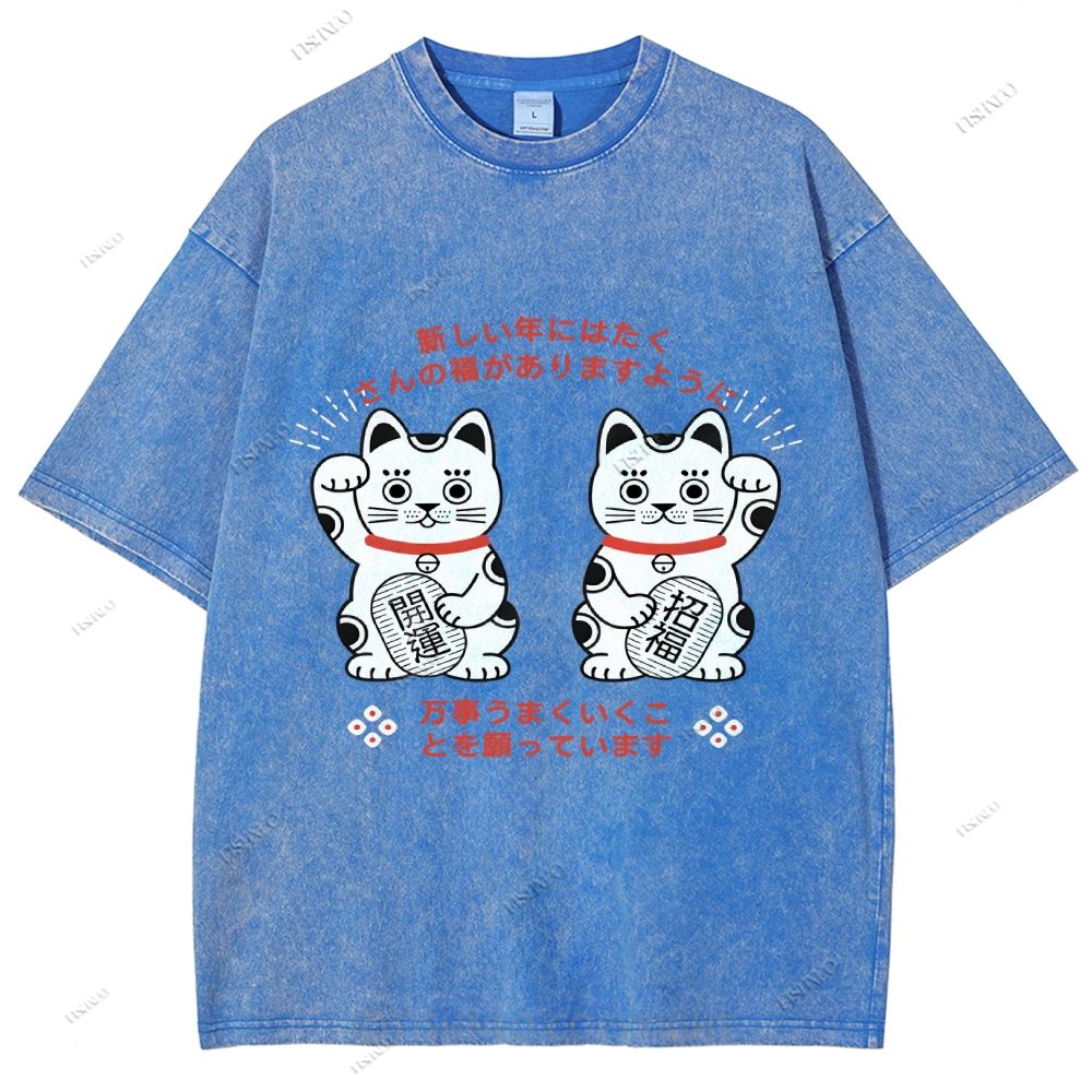 Unisex Japanese Fortune Cat Printed Washed Tee