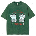Unisex Japanese Fortune Cat Printed Washed Tee