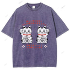 Unisex Japanese Fortune Cat Printed Washed Tee