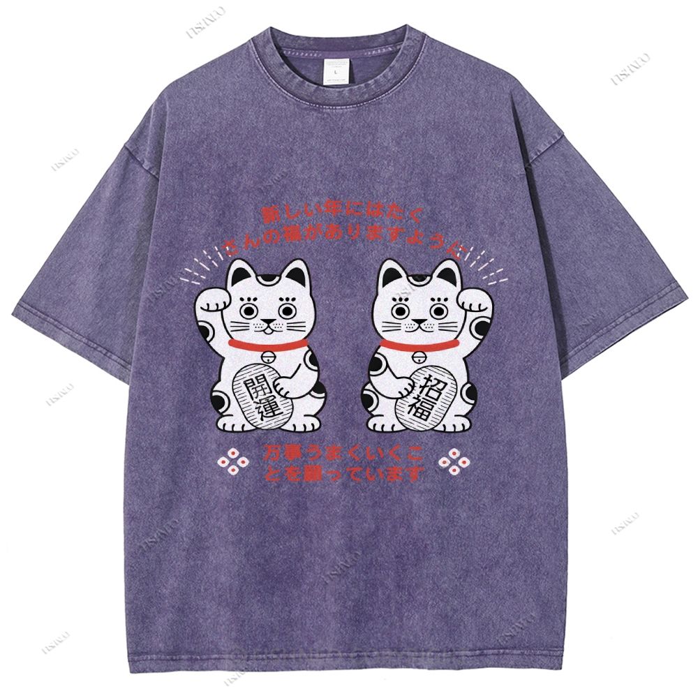 Unisex Japanese Fortune Cat Printed Washed Tee