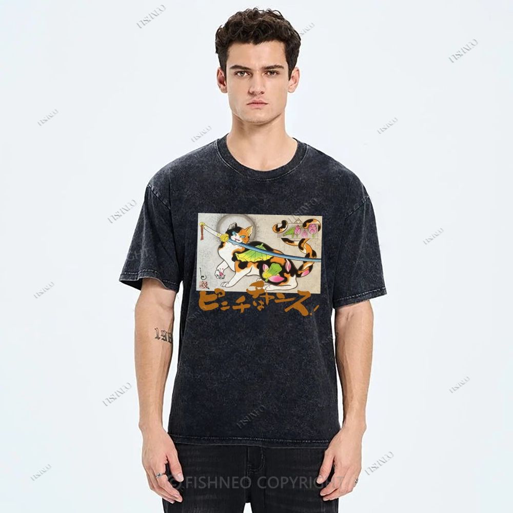 Unisex Vintage Japanese Cat Samurai Printed Washed Tee
