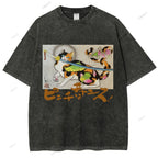 Unisex Vintage Japanese Cat Samurai Printed Washed Tee