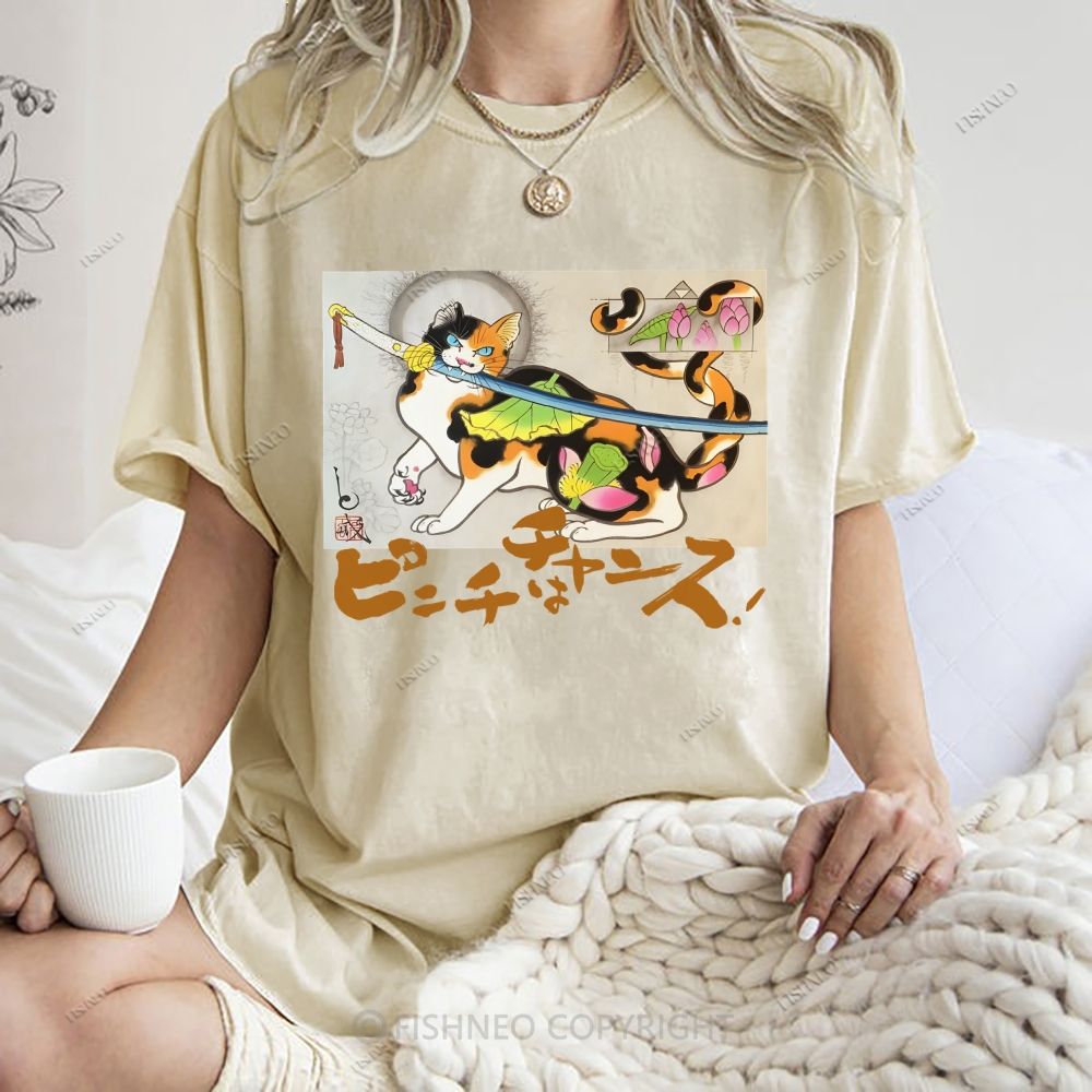 Unisex Vintage Japanese Cat Samurai Printed Washed Tee