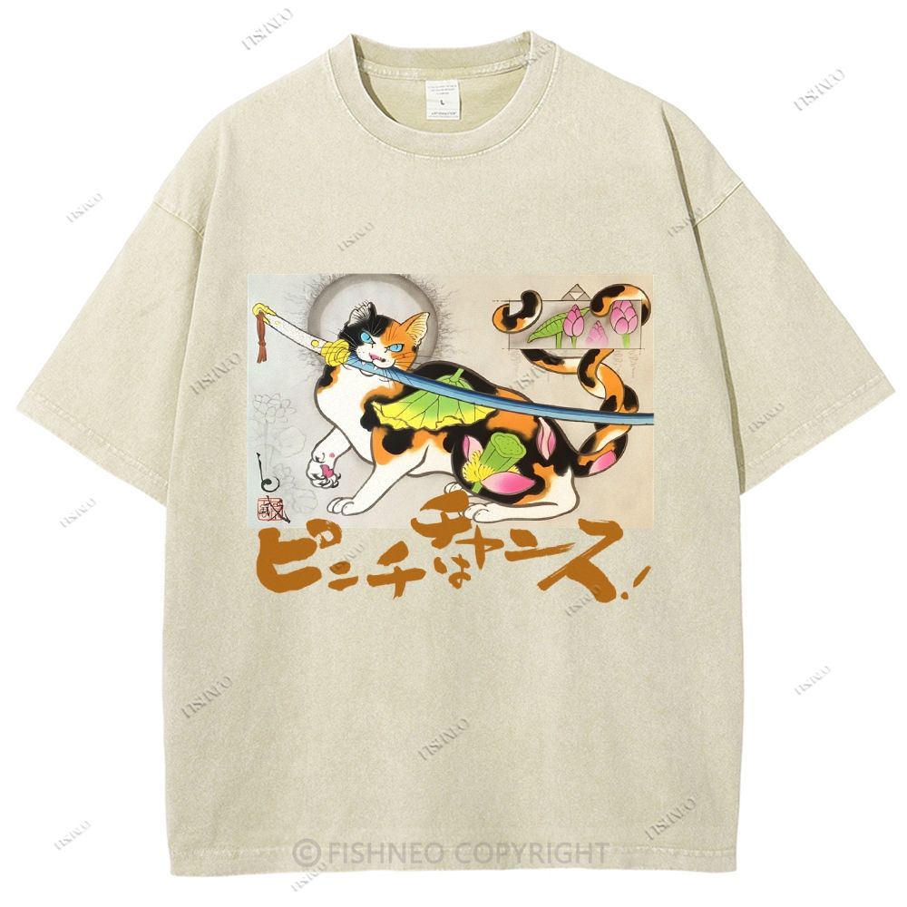 Unisex Vintage Japanese Cat Samurai Printed Washed Tee