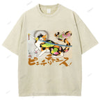Unisex Vintage Japanese Cat Samurai Printed Washed Tee