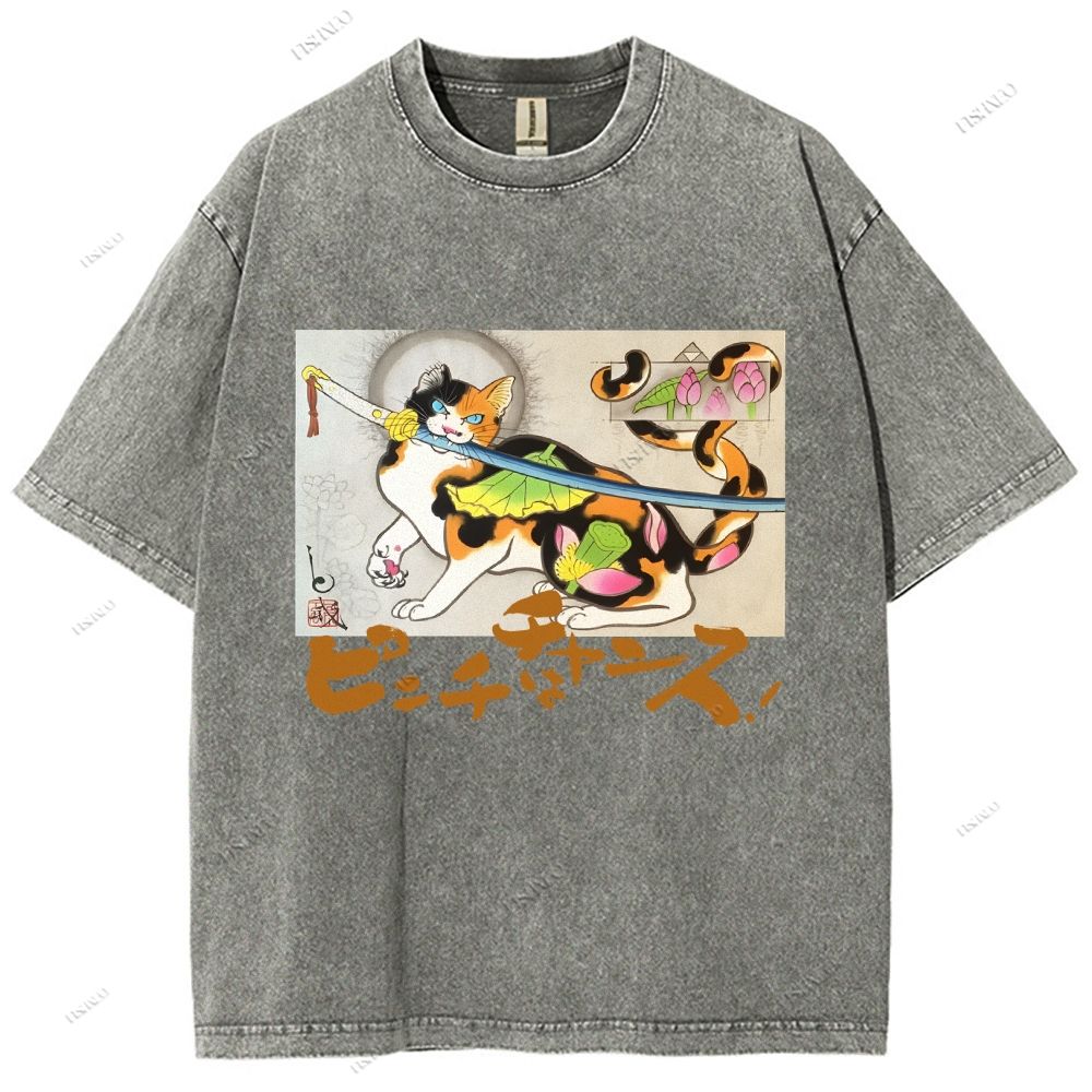 Unisex Vintage Japanese Cat Samurai Printed Washed Tee