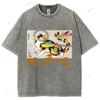 Unisex Vintage Japanese Cat Samurai Printed Washed Tee