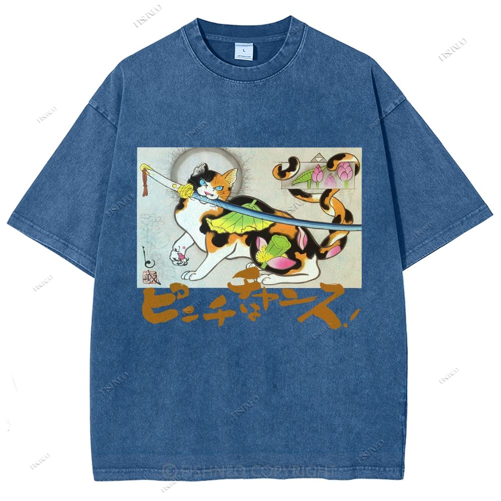 Unisex Vintage Japanese Cat Samurai Printed Washed Tee