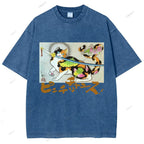 Unisex Vintage Japanese Cat Samurai Printed Washed Tee