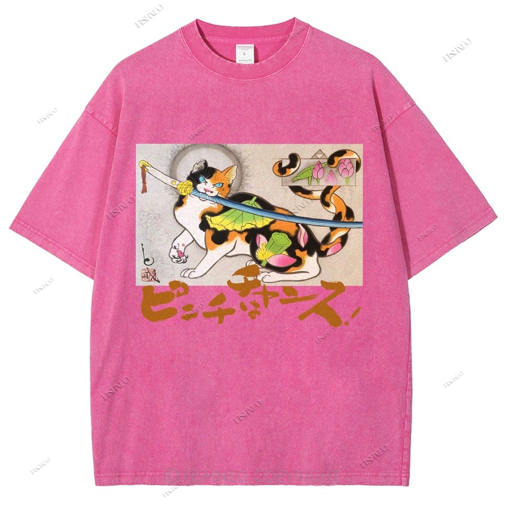 Unisex Vintage Japanese Cat Samurai Printed Washed Tee