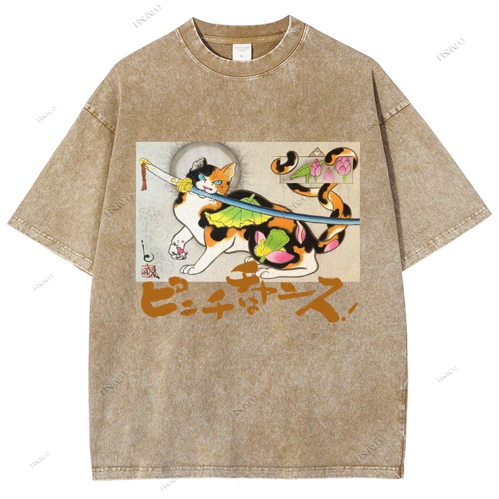 Unisex Vintage Japanese Cat Samurai Printed Washed Tee
