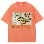 Unisex Vintage Japanese Cat Samurai Printed Washed Tee