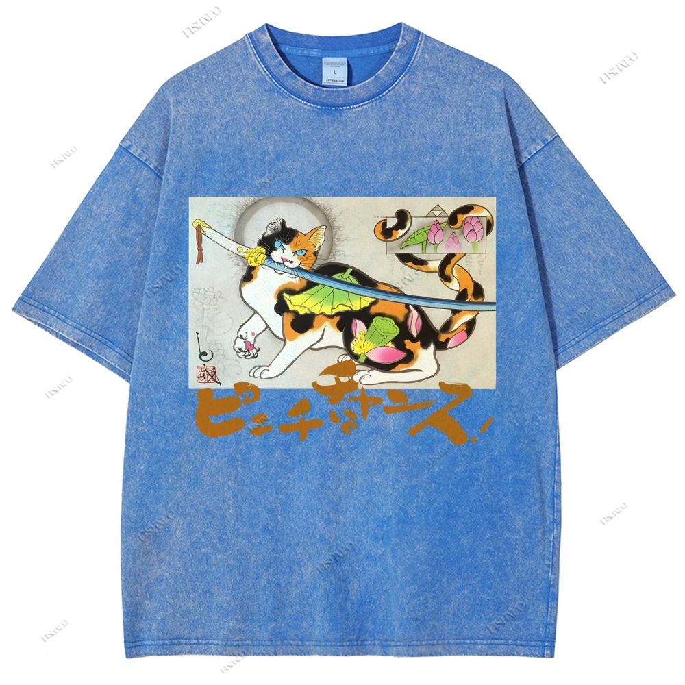 Unisex Vintage Japanese Cat Samurai Printed Washed Tee