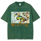 Unisex Vintage Japanese Cat Samurai Printed Washed Tee