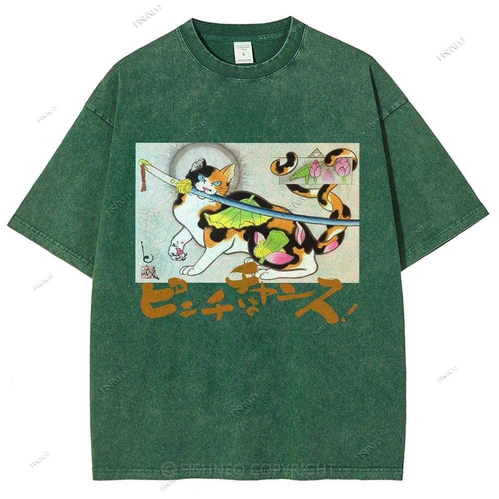 Unisex Vintage Japanese Cat Samurai Printed Washed Tee
